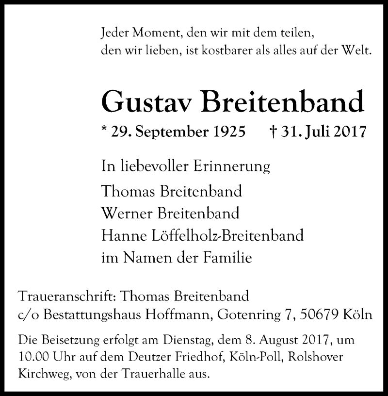  Traueranzeige für Gustav Breitenband vom 05.08.2017 aus Kölner Stadt-Anzeiger / Kölnische Rundschau / Express