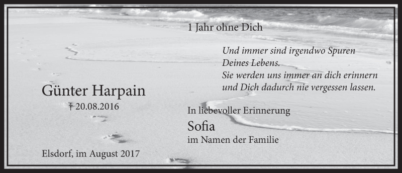  Traueranzeige für Günter Harpain vom 19.08.2017 aus  Sonntags-Post 