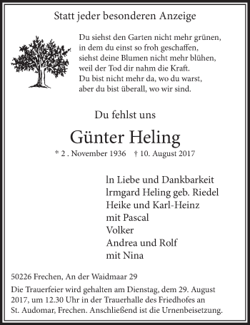 Anzeige von Günter Heling von  Sonntags-Post 