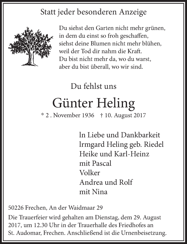  Traueranzeige für Günter Heling vom 19.08.2017 aus  Sonntags-Post 