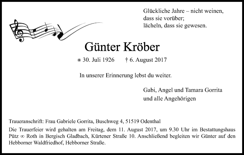  Traueranzeige für Günter Kröber vom 09.08.2017 aus Kölner Stadt-Anzeiger / Kölnische Rundschau / Express