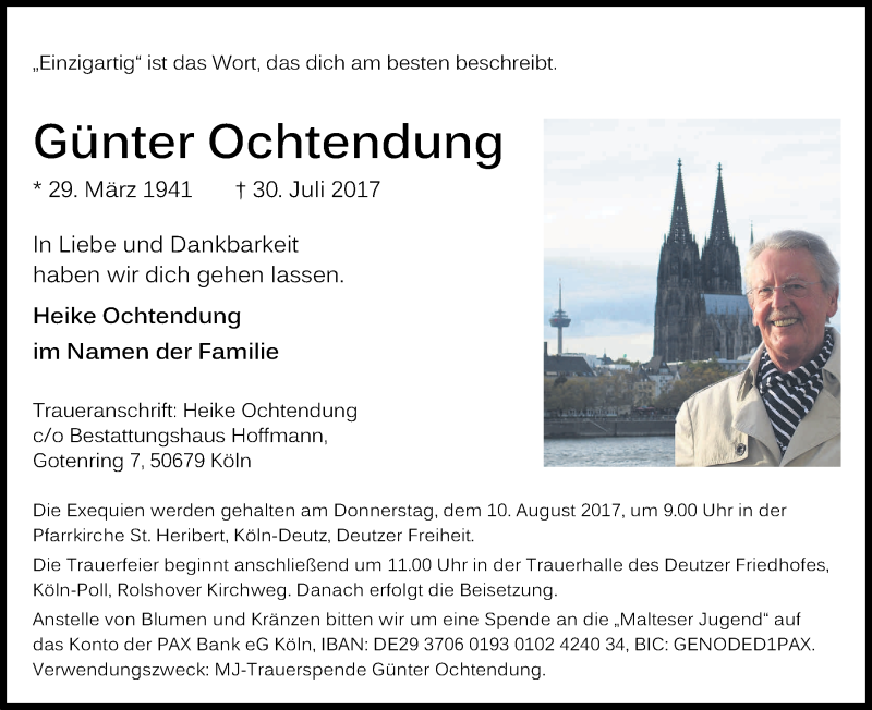  Traueranzeige für Günter Ochtendung vom 05.08.2017 aus Kölner Stadt-Anzeiger / Kölnische Rundschau / Express