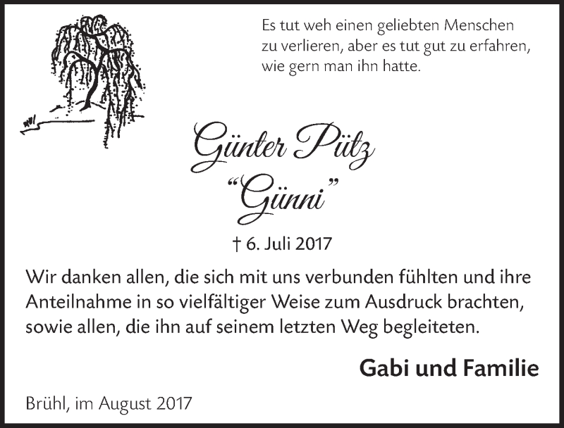  Traueranzeige für Günter Pütz vom 23.08.2017 aus  Schlossbote/Werbekurier 