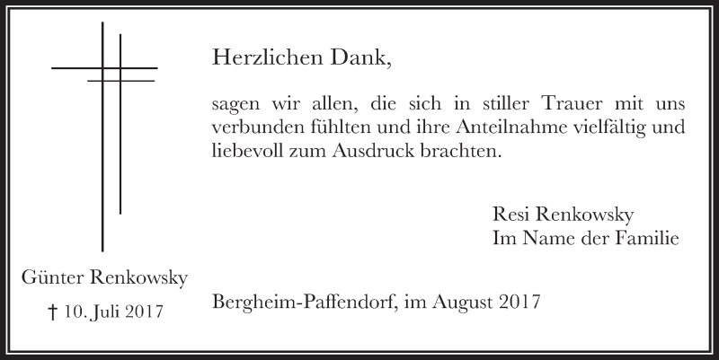  Traueranzeige für Günter Renkowsky vom 09.08.2017 aus  Werbepost 