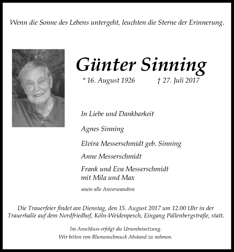  Traueranzeige für Günter Sinning vom 12.08.2017 aus Kölner Stadt-Anzeiger / Kölnische Rundschau / Express