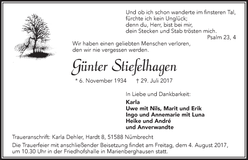  Traueranzeige für Günter Stiefelhagen vom 02.08.2017 aus  Anzeigen Echo  Lokalanzeiger 