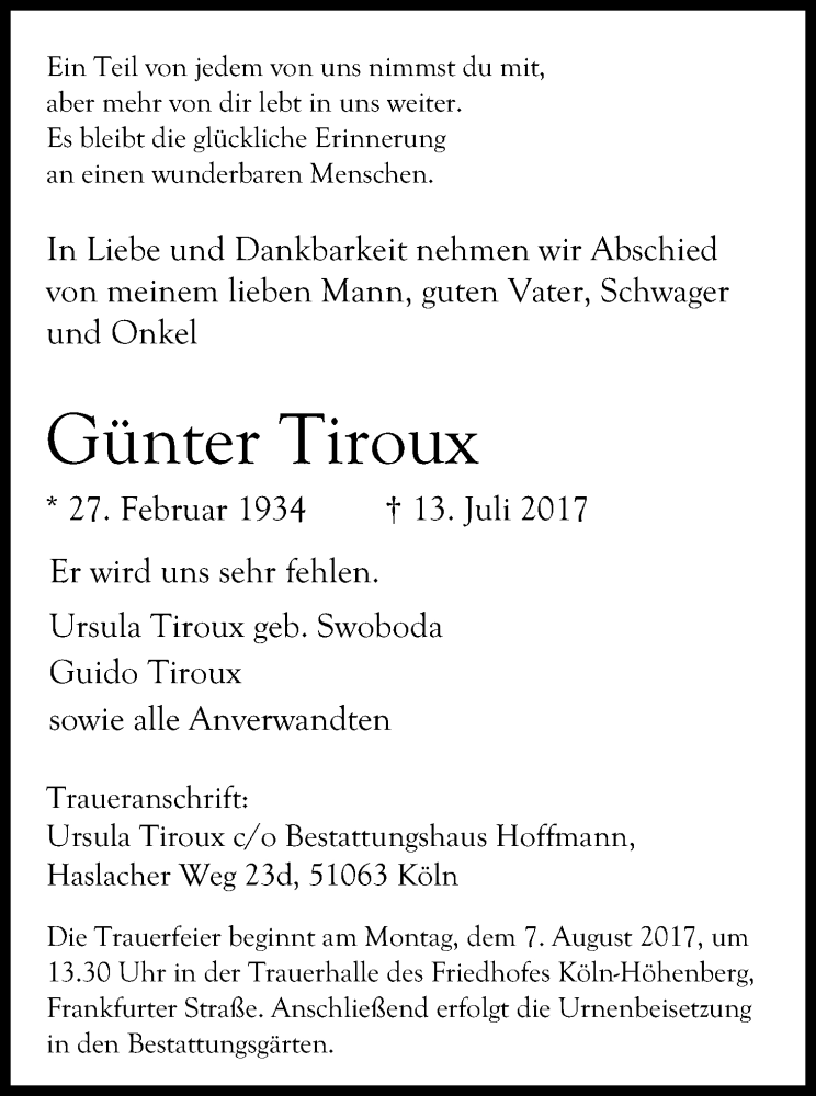  Traueranzeige für Günter Tiroux vom 02.08.2017 aus Kölner Stadt-Anzeiger / Kölnische Rundschau / Express