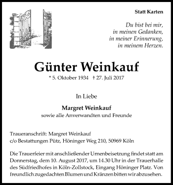 Anzeige von Günter Weinkauf von Kölner Stadt-Anzeiger / Kölnische Rundschau / Express