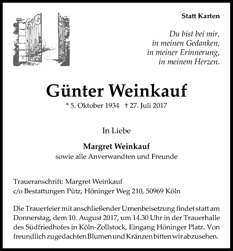  Traueranzeige für Günter Weinkauf vom 05.08.2017 aus Kölner Stadt-Anzeiger / Kölnische Rundschau / Express