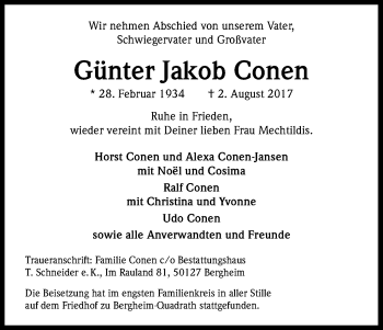 Anzeige von Günter Jakob Conen von Kölner Stadt-Anzeiger / Kölnische Rundschau / Express