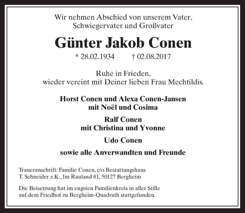  Traueranzeige für Günter Jakob Conen vom 16.08.2017 aus  Werbepost 