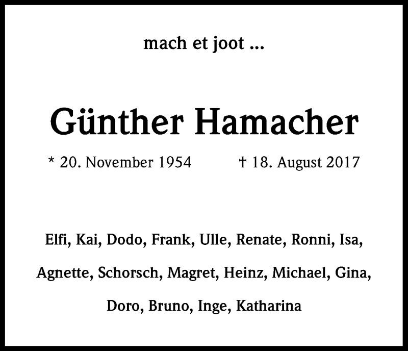  Traueranzeige für Günther Hamacher vom 26.08.2017 aus Kölner Stadt-Anzeiger / Kölnische Rundschau / Express