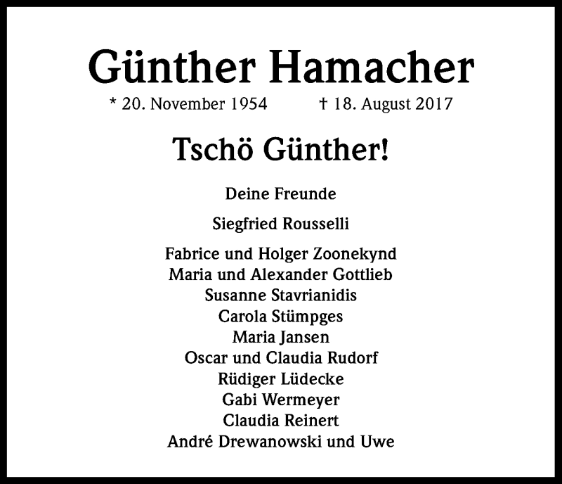  Traueranzeige für Günther Hamacher vom 26.08.2017 aus Kölner Stadt-Anzeiger / Kölnische Rundschau / Express