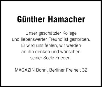 Anzeige von Günther Hamacher von Kölner Stadt-Anzeiger / Kölnische Rundschau / Express