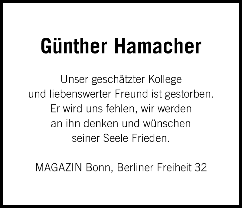  Traueranzeige für Günther Hamacher vom 26.08.2017 aus Kölner Stadt-Anzeiger / Kölnische Rundschau / Express