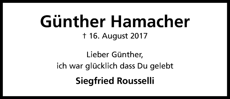  Traueranzeige für Günther Hamacher vom 26.08.2017 aus Kölner Stadt-Anzeiger / Kölnische Rundschau / Express