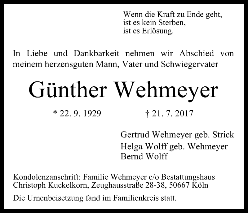  Traueranzeige für Günther Wehmeyer vom 12.08.2017 aus Kölner Stadt-Anzeiger / Kölnische Rundschau / Express