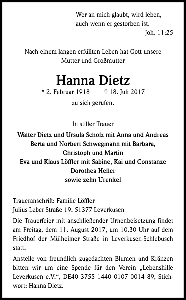  Traueranzeige für Hanna Dietz vom 02.08.2017 aus Kölner Stadt-Anzeiger / Kölnische Rundschau / Express