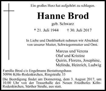 Anzeige von Hanne Brod von Kölner Stadt-Anzeiger / Kölnische Rundschau / Express