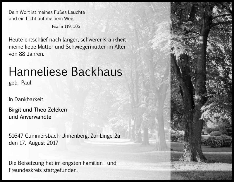  Traueranzeige für Hanneliese Backhaus vom 30.08.2017 aus Kölner Stadt-Anzeiger / Kölnische Rundschau / Express