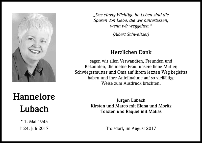  Traueranzeige für Hannelore Lubach vom 26.08.2017 aus Kölner Stadt-Anzeiger / Kölnische Rundschau / Express
