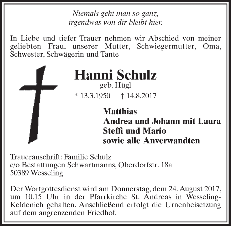  Traueranzeige für Hanni Schulz vom 23.08.2017 aus  Schlossbote/Werbekurier 