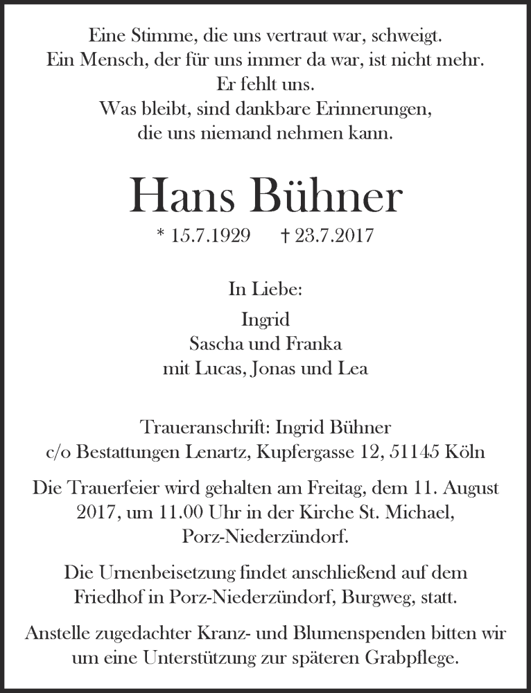  Traueranzeige für Hans Bühner vom 02.08.2017 aus  Kölner Wochenspiegel 
