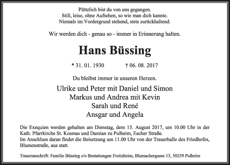  Traueranzeige für Hans Büssing vom 12.08.2017 aus  Sonntags-Post 