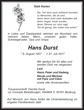 Anzeige von Hans Durst von  Werbepost 