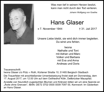 Anzeige von Hans Glaser von Kölner Stadt-Anzeiger / Kölnische Rundschau / Express
