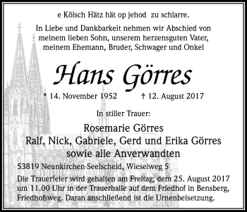 Anzeige von Hans Görres von Kölner Stadt-Anzeiger / Kölnische Rundschau / Express