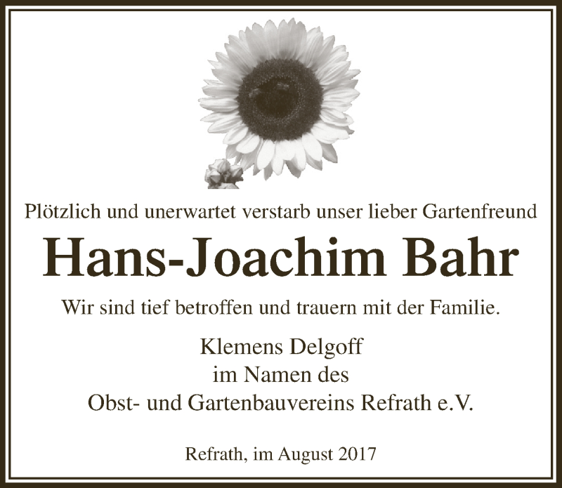  Traueranzeige für Hans-Joachim Bahr vom 30.08.2017 aus  Bergisches Handelsblatt 