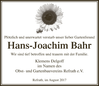 Anzeige von Hans-Joachim Bahr von  Bergisches Handelsblatt 