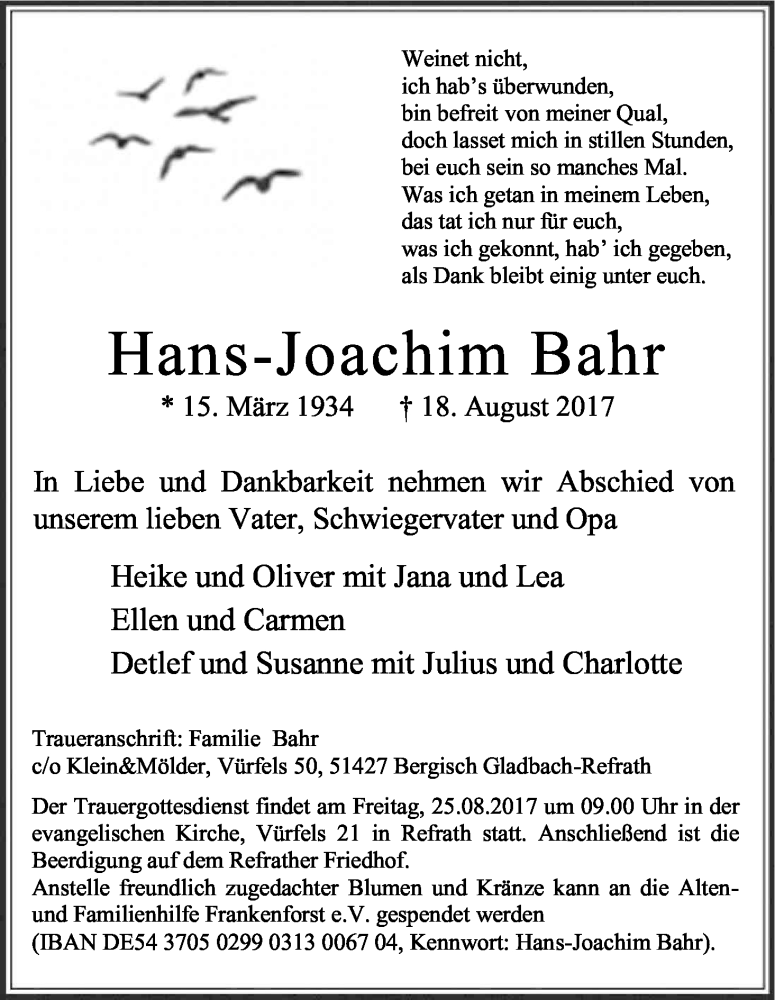  Traueranzeige für Hans-Joachim Bahr vom 23.08.2017 aus Kölner Stadt-Anzeiger / Kölnische Rundschau / Express