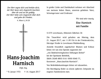 Anzeige von Hans-Joachim Harnisch von Kölner Stadt-Anzeiger / Kölnische Rundschau / Express