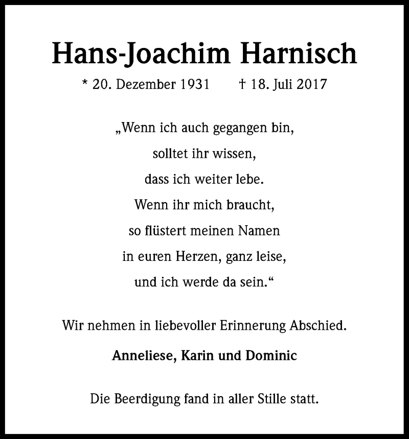  Traueranzeige für Hans-Joachim Harnisch vom 09.08.2017 aus Kölner Stadt-Anzeiger / Kölnische Rundschau / Express