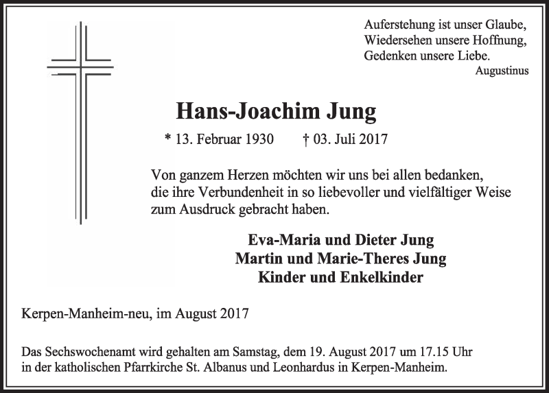  Traueranzeige für Hans-Joachim Jung vom 12.08.2017 aus  Sonntags-Post 