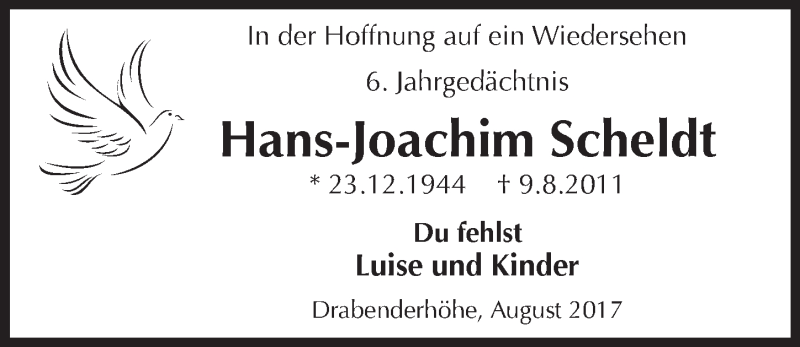  Traueranzeige für Hans-Joachim Scheldt vom 09.08.2017 aus  Anzeigen Echo 