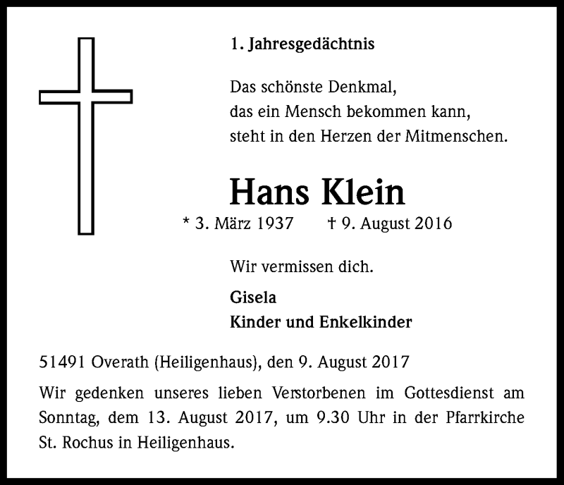  Traueranzeige für Hans Klein vom 09.08.2017 aus Kölner Stadt-Anzeiger / Kölnische Rundschau / Express