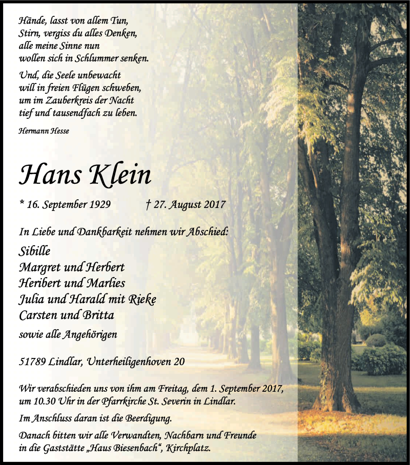  Traueranzeige für Hans Klein vom 30.08.2017 aus Kölner Stadt-Anzeiger / Kölnische Rundschau / Express