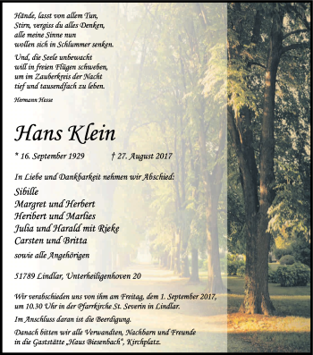 Anzeige von Hans Klein von Kölner Stadt-Anzeiger / Kölnische Rundschau / Express