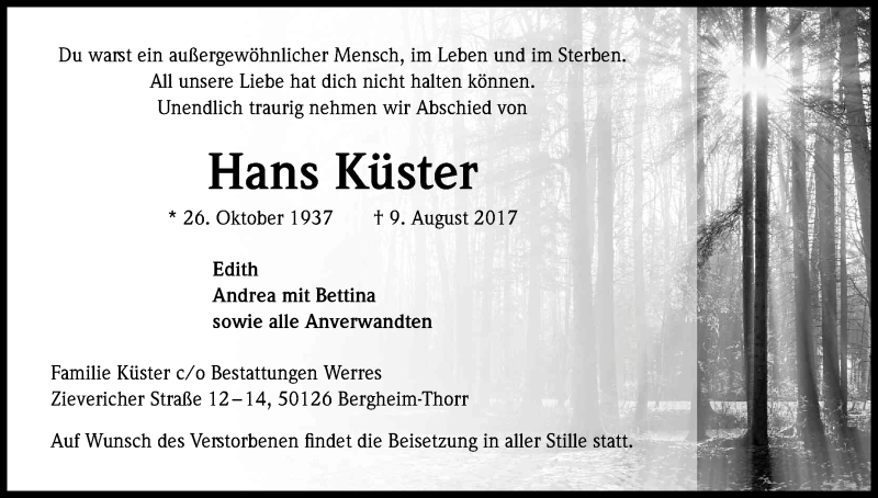  Traueranzeige für Hans Küster vom 12.08.2017 aus Kölner Stadt-Anzeiger / Kölnische Rundschau / Express