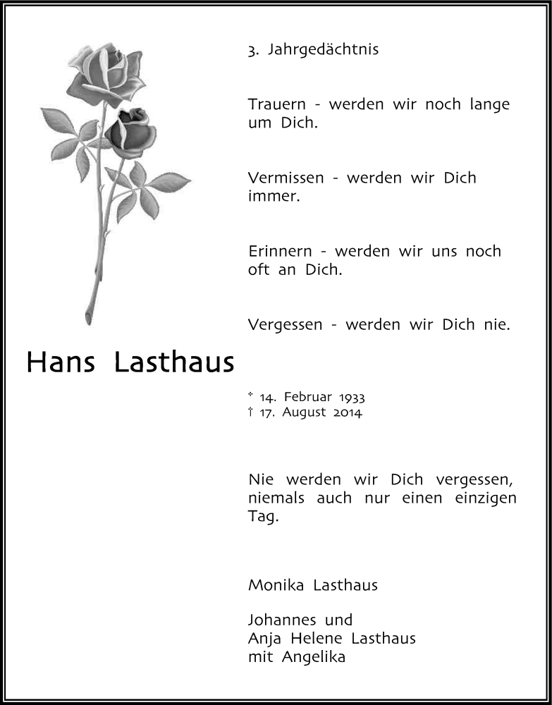  Traueranzeige für Hans Lasthaus vom 19.08.2017 aus Kölner Stadt-Anzeiger / Kölnische Rundschau / Express