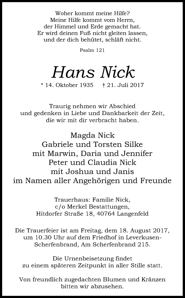  Traueranzeige für Hans Nick vom 12.08.2017 aus Kölner Stadt-Anzeiger / Kölnische Rundschau / Express