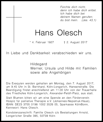 Anzeige von Hans Olesch von Kölner Stadt-Anzeiger / Kölnische Rundschau / Express