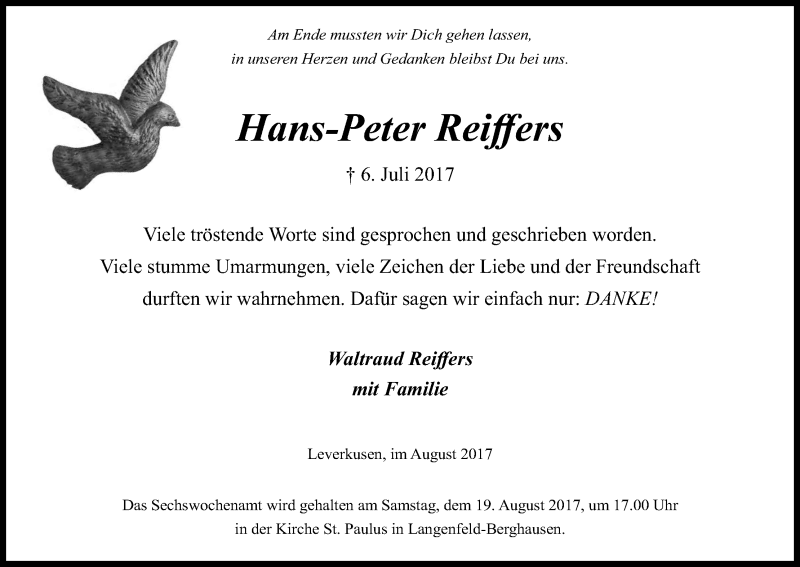  Traueranzeige für Hans-Peter Reiffers vom 12.08.2017 aus Kölner Stadt-Anzeiger / Kölnische Rundschau / Express