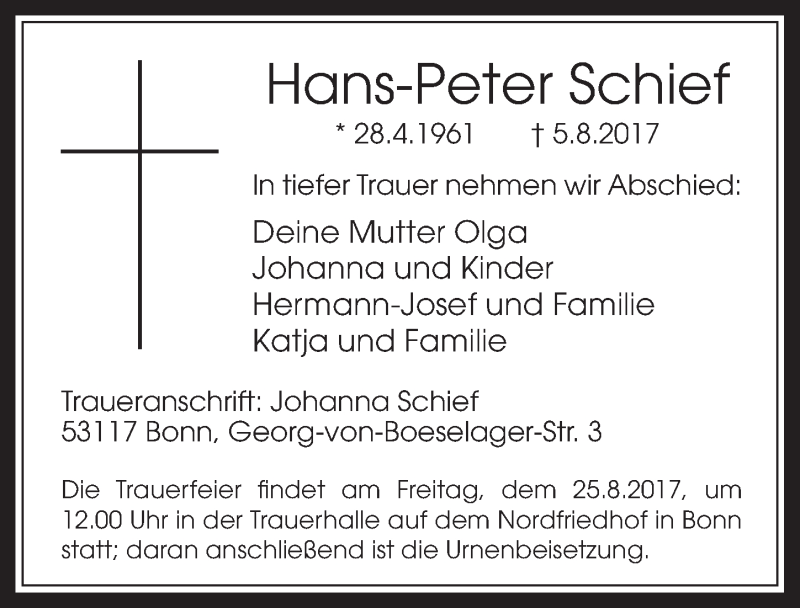  Traueranzeige für Hans-Peter Schief vom 23.08.2017 aus  Schaufenster/Blickpunkt 