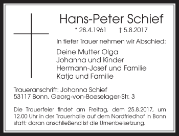 Anzeige von Hans-Peter Schief von  Schaufenster/Blickpunkt 