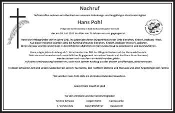 Anzeige von Hans Pohl von  Sonntags-Post 