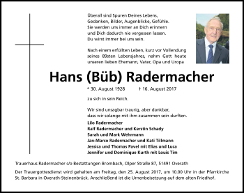 Anzeige von Hans Radermacher von Kölner Stadt-Anzeiger / Kölnische Rundschau / Express